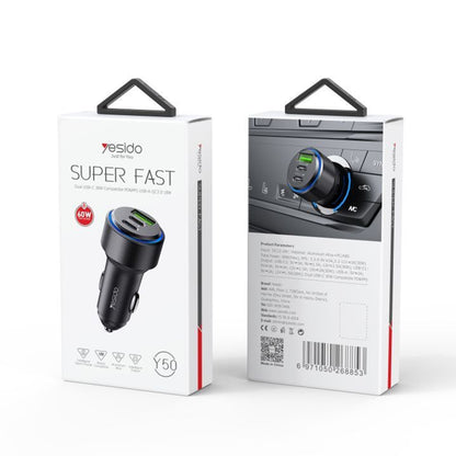 Yesido Y50 Car Charger, 60W, 3A, 1 x USB-A - 2 x USB-C, Black