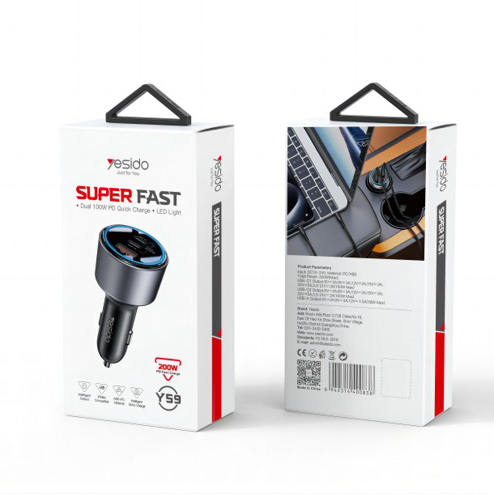 Автомобилен заряден уред Yesido Y59, 200W, 5A, 1 x USB-A - 2 x USB-C, Черен