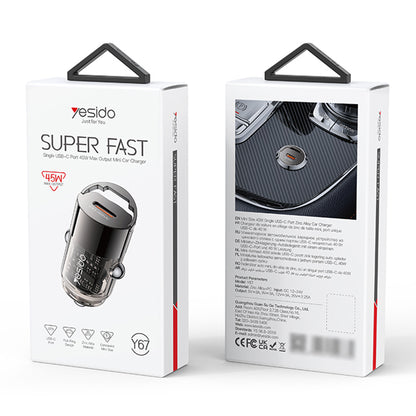 Автомобилен заряден уред Yesido Y67, 45W, 3A, 1 x USB-C, Черен