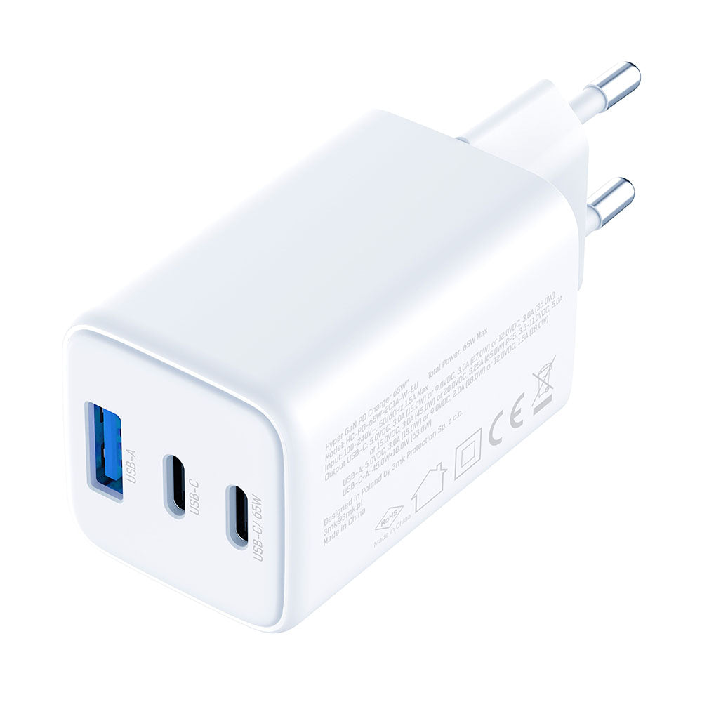 Зарядно устройство за мрежа 3MK Hyper, 65W, 3.25A, 1 x USB-A - 2 x USB-C, Бяло