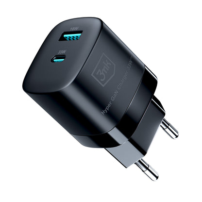 Мрежово зарядно устройство 3MK HyperCharger GaN, 33W, 3A, 1 x USB-A - 1 x USB-C, черно 