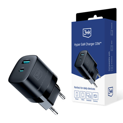 Мрежово зарядно устройство 3MK HyperCharger GaN, 33W, 3A, 1 x USB-A - 1 x USB-C, черно 