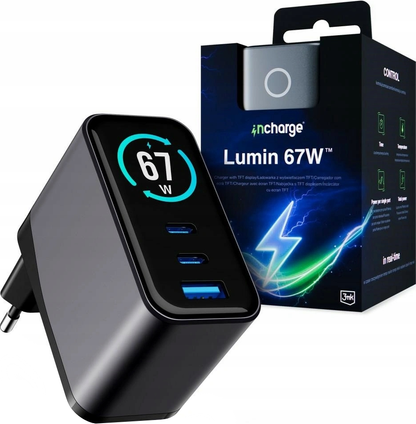 Зарядно устройство за мрежа 3MK InCharge Lumin Display, 67W, 5A, 1 x USB-A - 2 x USB-C, Черно