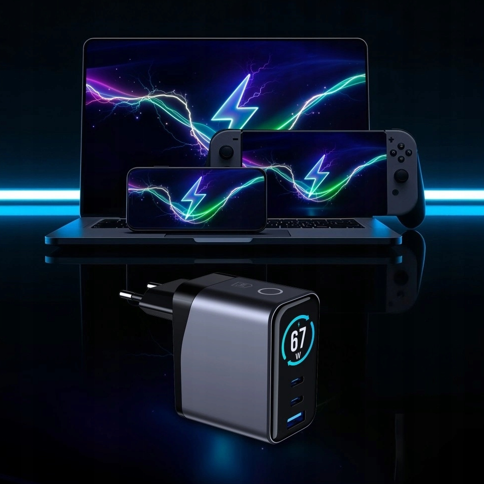 Зарядно устройство за мрежа 3MK InCharge Lumin Display, 67W, 5A, 1 x USB-A - 2 x USB-C, Черно