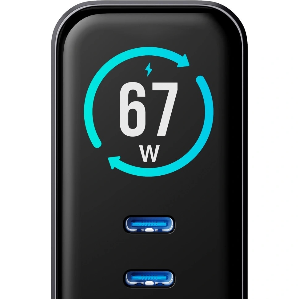 Зарядно устройство за мрежа 3MK InCharge Lumin Display, 67W, 5A, 1 x USB-A - 2 x USB-C, Черно