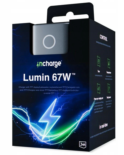 Зарядно устройство за мрежа 3MK InCharge Lumin Display, 67W, 5A, 1 x USB-A - 2 x USB-C, Черно
