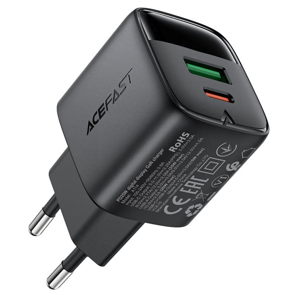 Зарядно устройство за мрежа Acefast A114 Display, 25W, 3A, 1 x USB-A - 1 x USB-C, Черно
