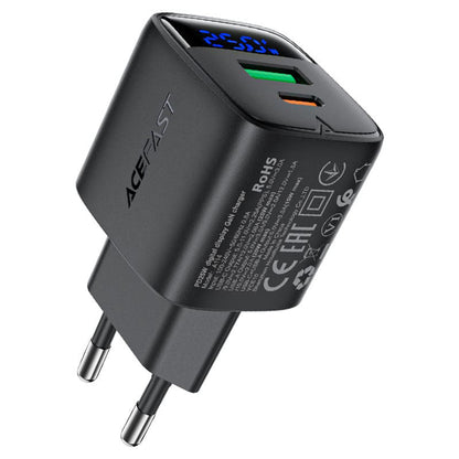 Зарядно устройство за мрежа Acefast A114 Display, 25W, 3A, 1 x USB-A - 1 x USB-C, Черно