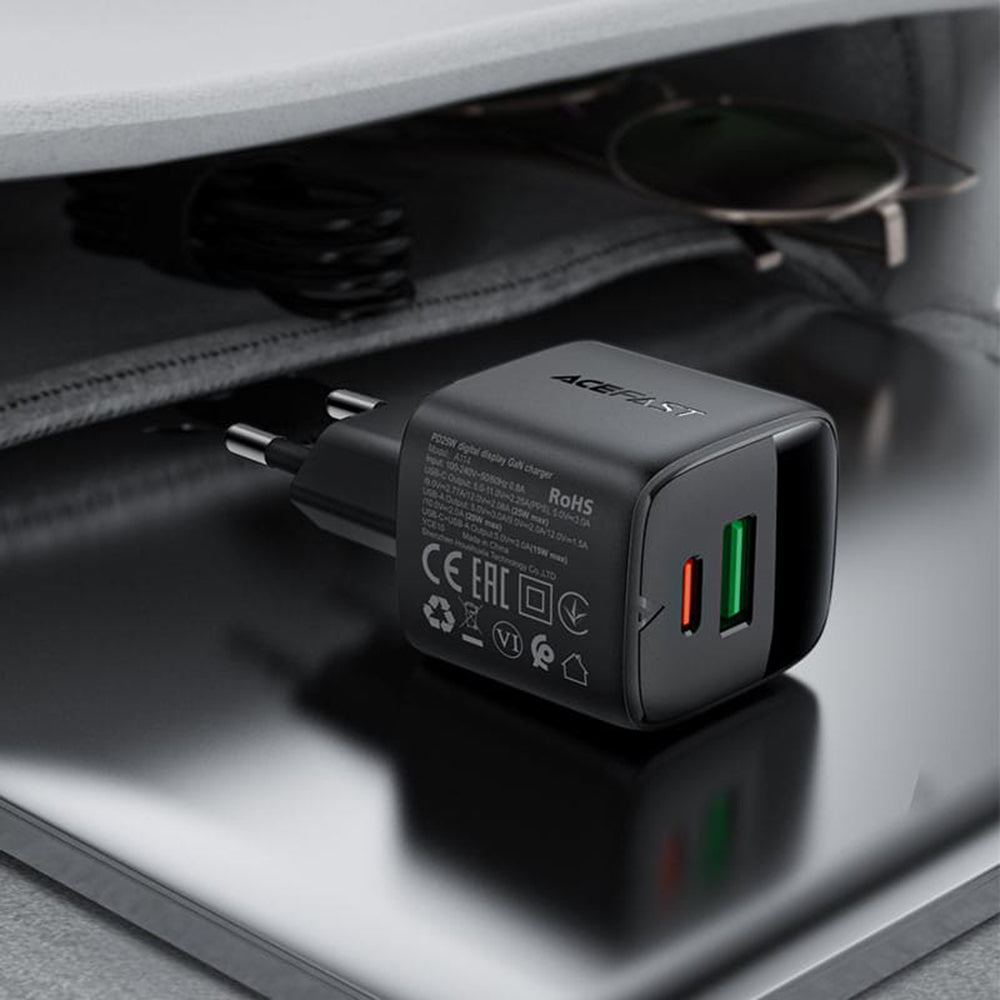 Зарядно устройство за мрежа Acefast A114 Display, 25W, 3A, 1 x USB-A - 1 x USB-C, Черно