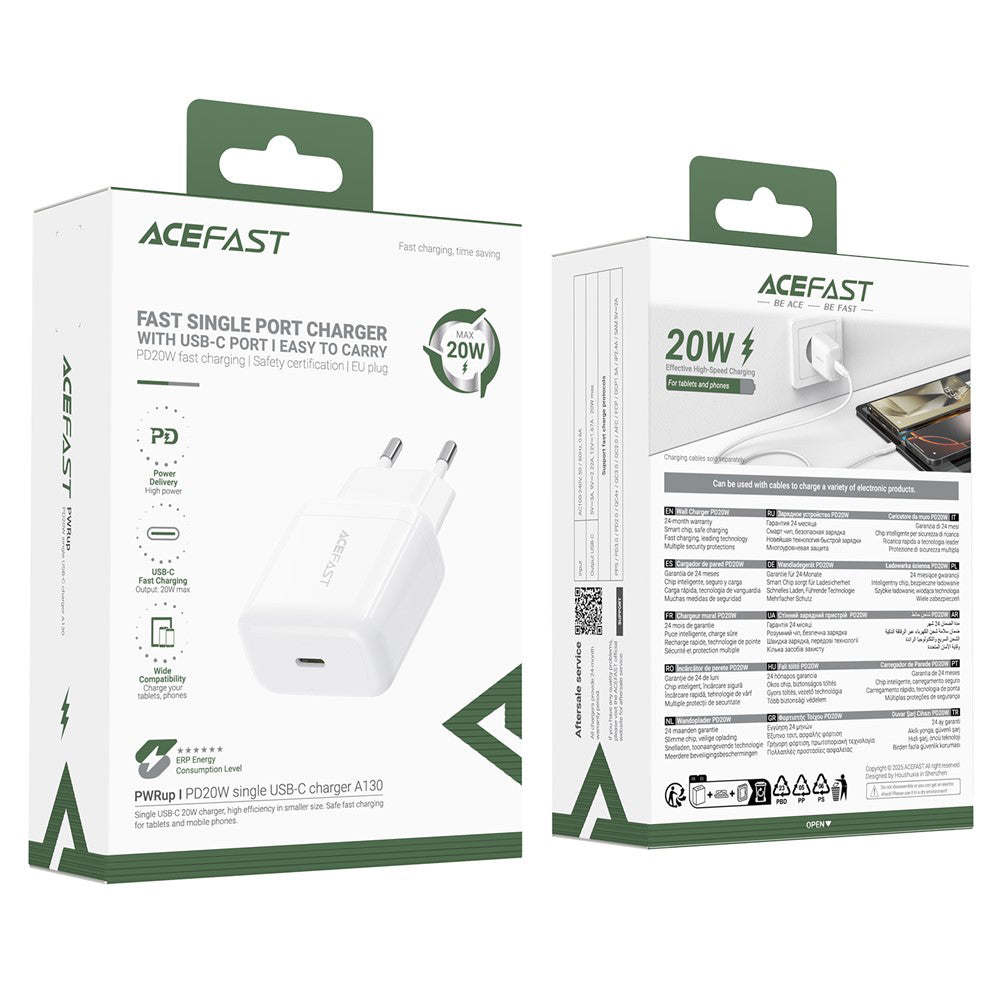 Зарядно устройство за мрежа Acefast A130, 20W, 3A, 1 x USB-C, Бяло