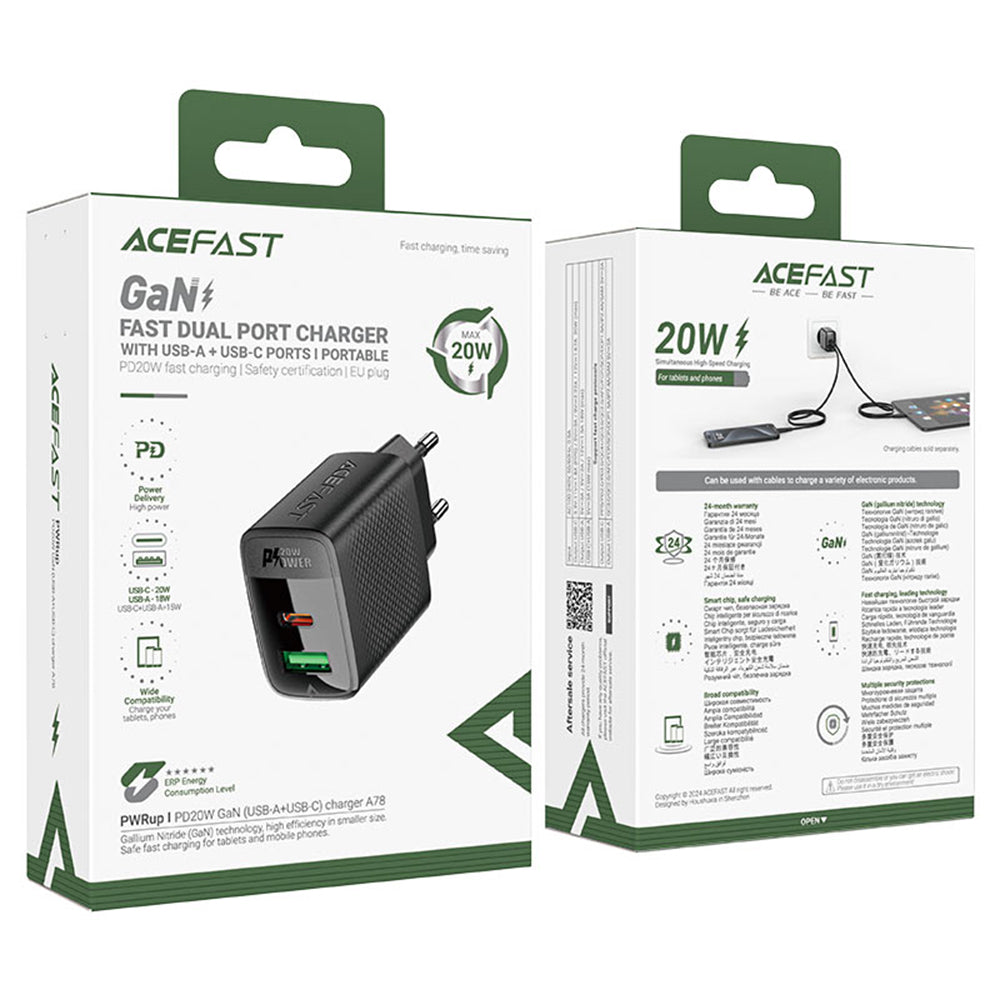 Acefast A78 Network Charger, 20W, 3A, 1 x USB-A - 1 x USB-C, Black