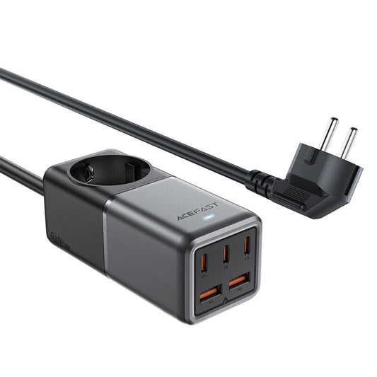 Мрежово зарядно устройство Acefast Z2 GaN, 75W, 5A, 2 x USB-A - 3 x USB-C - 1 x Schuko, сиво