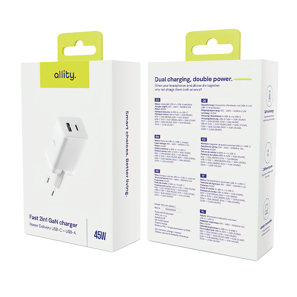 Allity Network Charger. ATC-01-45WCC Fast, 45W, 3A, 1 x USB-A - 1 x USB-C, White