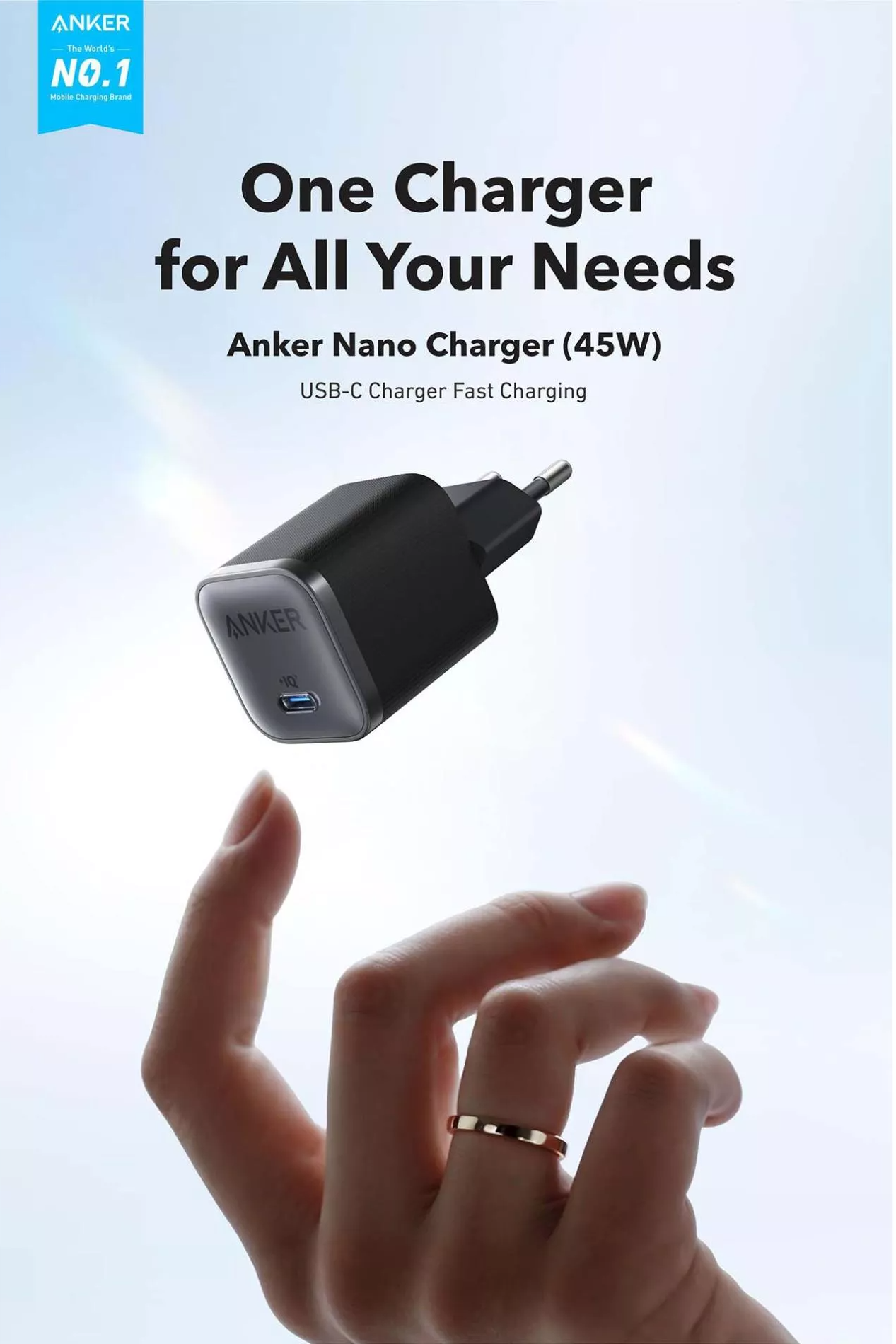 Зарядно устройство Anker Nano, 45W, 3A, 1 x USB-C, Черно A2692L11