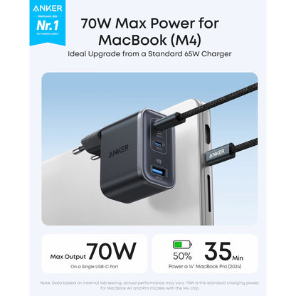 Зарядно устройство за мрежа Anker Nano, 70W, 3.5A, 1 x USB-A - 2 x USB-C, Черно A121AL11