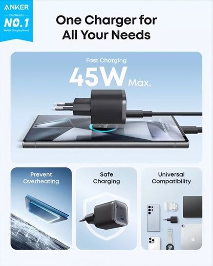 Зарядно устройство Anker Nano, 45W, 3A, 1 x USB-C, Черно A2692L11
