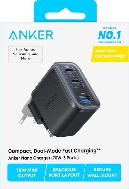 Зарядно устройство за мрежа Anker Nano, 70W, 3.5A, 1 x USB-A - 2 x USB-C, Черно A121AL11