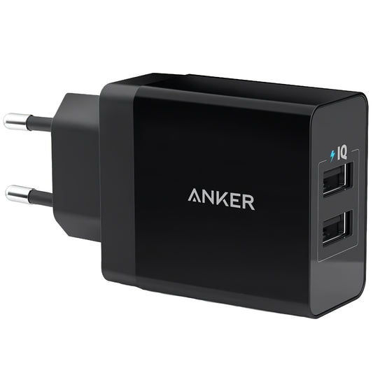 Мрежово зарядно устройство Anker PowerPort, 24W, 2,4A, 2 x USB-A, черно A2021L11 