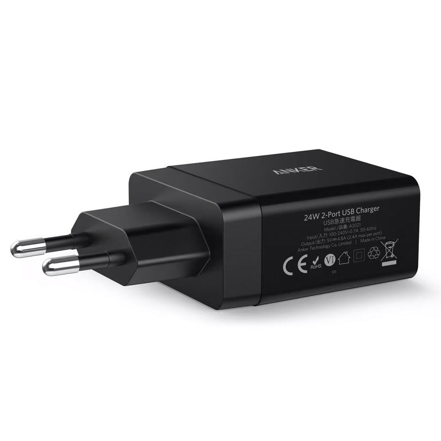 Мрежово зарядно устройство Anker PowerPort, 24W, 2,4A, 2 x USB-A, черно A2021L11 