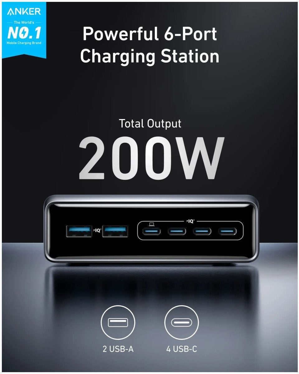 Мрежово зарядно устройство Anker Prime, 200W, 3A, 2 x USB-A - 4 x USB-C, черно A2683341