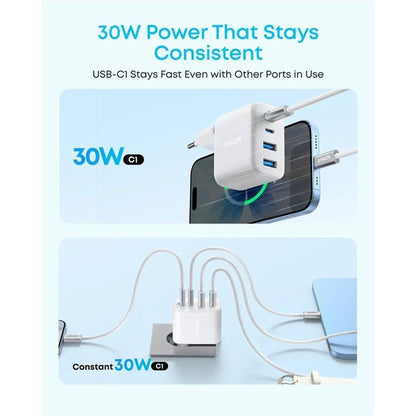 Зарядно устройство Anker Zolo, 50W, 3A, 2 x USB-A - 2 x USB-C, бяло A121EG21