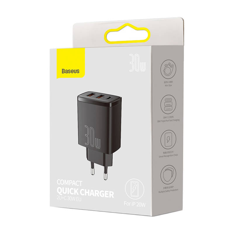 Компактно мрежово зарядно устройство Baseus, 30W, 3A, 1 x USB-C - 2 x USB-A, черно CCXJ-E01