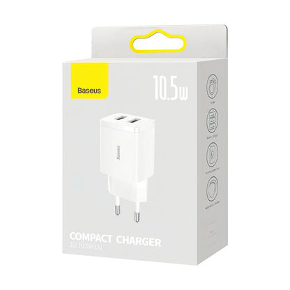 Зарядно устройство за мрежа Baseus Compact, 10.5W, 2.1A, 2 x USB-A, Бяло CCXJ010202