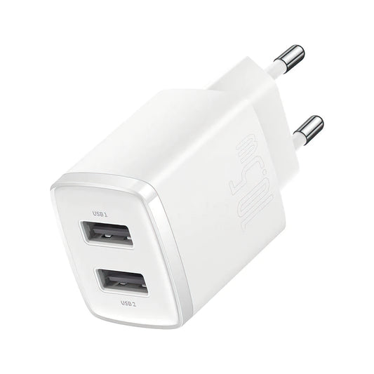 Зарядно устройство за мрежа Baseus Compact, 10.5W, 2.1A, 2 x USB-A, Бяло CCXJ010202