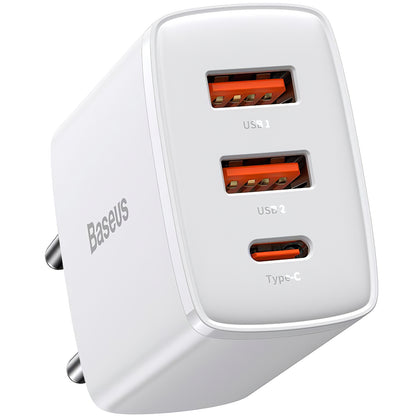 Мрежово зарядно устройство Baseus Compact, 30 W, 1 x USB-C - 2 x USB-A, бяло CCXJ-E02 