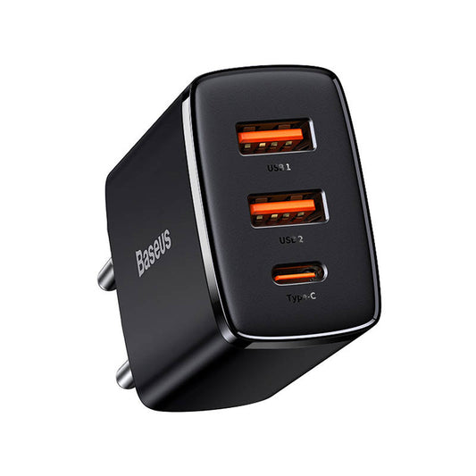 Компактно мрежово зарядно устройство Baseus, 30W, 3A, 1 x USB-C - 2 x USB-A, черно CCXJ-E01