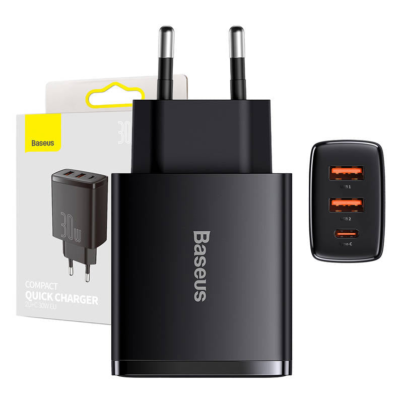 Компактно мрежово зарядно устройство Baseus, 30W, 3A, 1 x USB-C - 2 x USB-A, черно CCXJ-E01