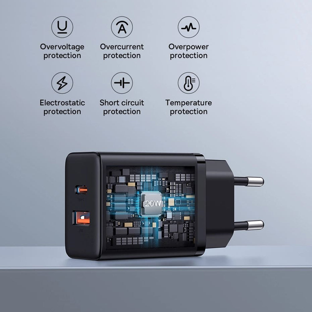 Зарядно устройство за мрежа Baseus Cube, 20W, 3A, 1 x USB-A - 1 x USB-C, Бяло P10111403213-00