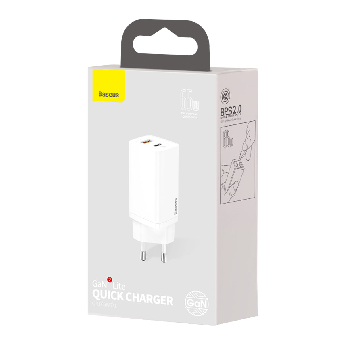 Мрежово зарядно устройство Baseus GaN2 Lite, 65W, 3A, 1 x USB-A - 1 x USB-C, бяло CCGAN2L-B02 