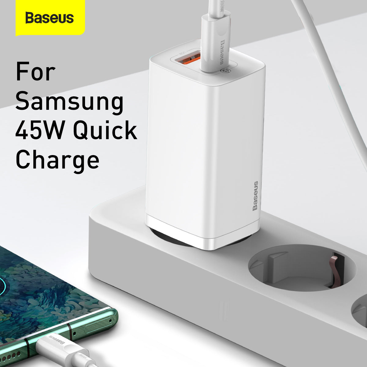 Мрежово зарядно устройство Baseus GaN2 Lite, 65W, 3A, 1 x USB-A - 1 x USB-C, бяло CCGAN2L-B02 