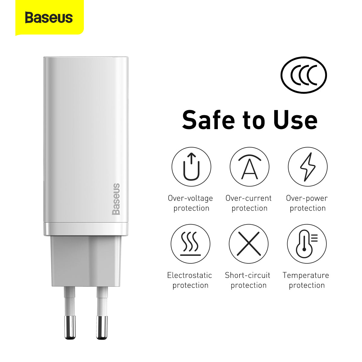 Мрежово зарядно устройство Baseus GaN2 Lite, 65W, 3A, 1 x USB-A - 1 x USB-C, бяло CCGAN2L-B02 