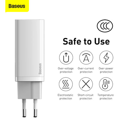 Мрежово зарядно устройство Baseus GaN2 Lite, 65W, 3A, 1 x USB-A - 1 x USB-C, бяло CCGAN2L-B02 