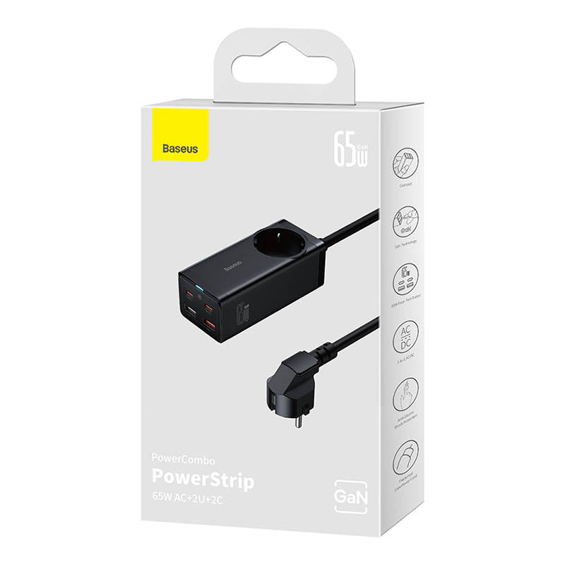 Мрежово зарядно устройство Baseus GaN3 Pro PowerStrip, 65W, 3A, 2 x USB-A - 2 x USB-C - 1 x Schuko, черно PSZM000901 PSZM000901 