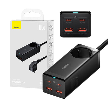 Мрежово зарядно устройство Baseus GaN3 Pro PowerStrip, 100W, 5A,2 x USB-A - 2 x USB-C - 1 x Schuko, черно PSZM000401 PSZM000401 