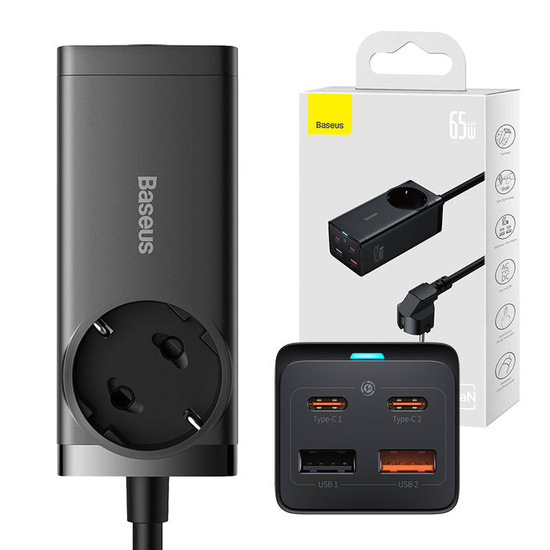 Мрежово зарядно устройство Baseus GaN3 Pro PowerStrip, 65W, 3A, 2 x USB-A - 2 x USB-C - 1 x Schuko, черно PSZM000901 PSZM000901 