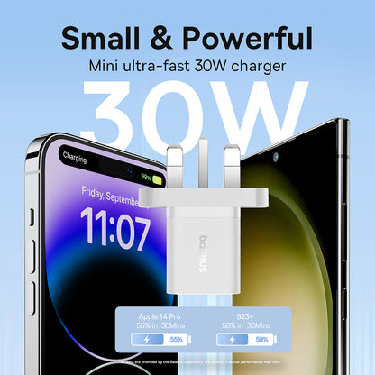 Зарядно за мрежа Baseus GaN5 UK, 30W, 3A, 1 x USB-C, Бяло P10110906213-00