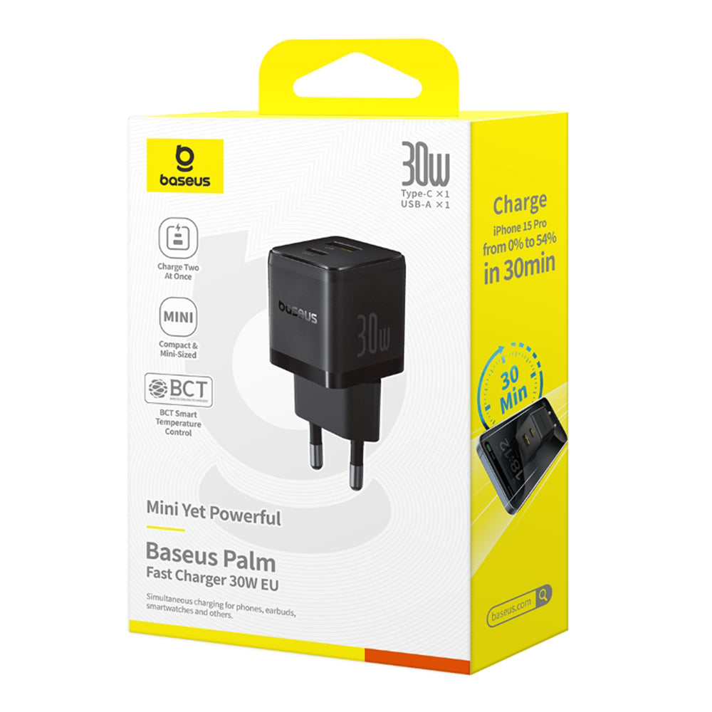 Зарядно за мрежа Baseus Palm, 30W, 3A, 1 x USB-A - 1 x USB-C, Черно P1011160A113-00