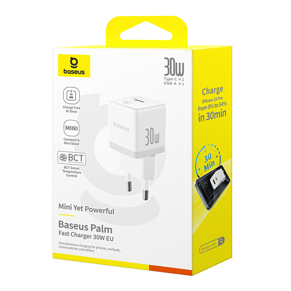 Зарядно устройство за мрежа Baseus Palm, 30W, 3A, 1 x USB-A - 1 x USB-C, Бяло P1011160A213-00
