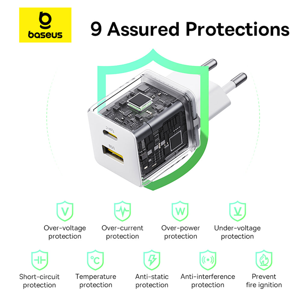 Зарядно устройство за мрежа Baseus Palm, 30W, 3A, 1 x USB-A - 1 x USB-C, Бяло P1011160A213-00