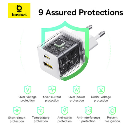 Зарядно устройство за мрежа Baseus Palm, 30W, 3A, 1 x USB-A - 1 x USB-C, Бяло P1011160A213-00