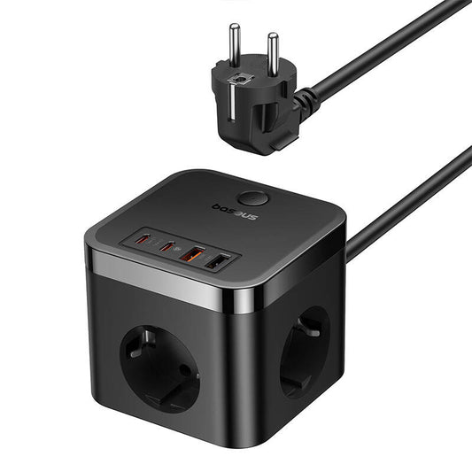 Мрежово зарядно устройство Baseus PowerCombo Cube, 30W, 3A, 2 x USB-A - 2 x USB-C - 3 x Schuko, черно E00066400117-00 