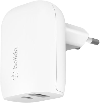 Мрежово зарядно Belkin BoostCharge Dual, 37W, 3A, 1 x USB-A - x USB-C, бяло WCB007vfWH