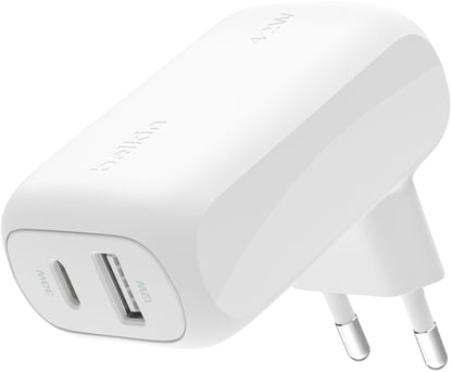 Зарядно устройство за мрежа Belkin BoostCharge Dual, 42W, 3A, 1 x USB-A - 1 x USB-C, бяло WCB009vfWH