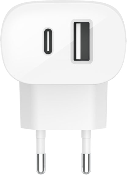 Мрежово зарядно Belkin BoostCharge Dual, 37W, 3A, 1 x USB-A - x USB-C, бяло WCB007vfWH