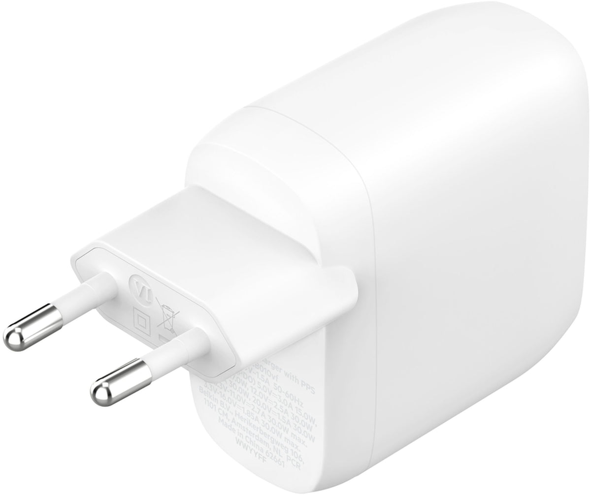 Зарядно устройство за мрежа Belkin BoostCharge Pro Dual, 60W, 3A, 2 x USB-C, бяло WCB010vfWH