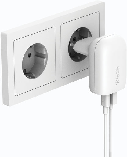 Мрежово зарядно Belkin BoostCharge Dual, 37W, 3A, 1 x USB-A - x USB-C, бяло WCB007vfWH